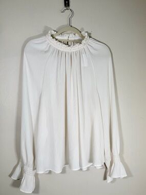 LOFT Ivory Ruffle-Neck Long Sleeve Blouse